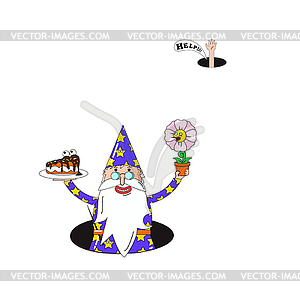 Cartoon wizard with cake and flower - vector clipart