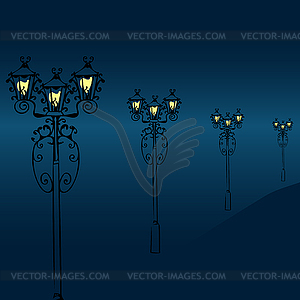 Night street with vintage lanterns - vector clipart / vector image