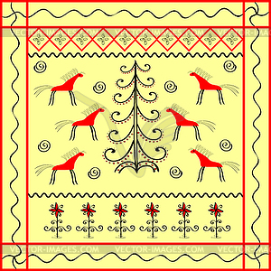 Horse and Christmas tree ornament ethnic background - vector image