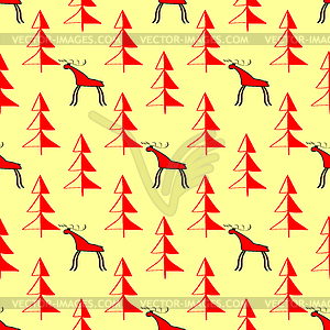 Moose in woods ethnic ornament seamless pattern - vector clipart