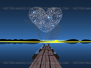 Diamond heart on night lake - vector image