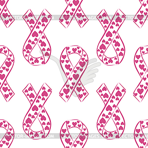 Pink ribbon and heart seamless pattern - vector image