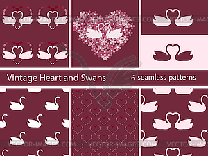 Vintage set love swans and heart - vector image