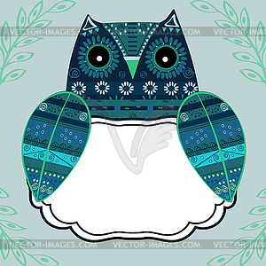 Cute owl with ethnic ornament text box - vector clipart