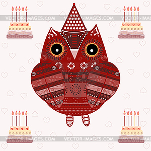 Cute owl with ethnic ornament birthday - vector image