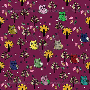 Owls forest seamless pattern - vector clipart