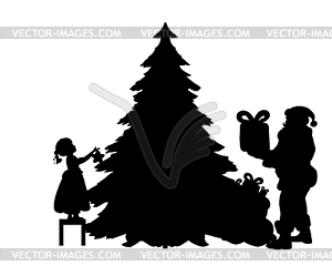 Silhouette Santa put gifts and girl decorates - vector image