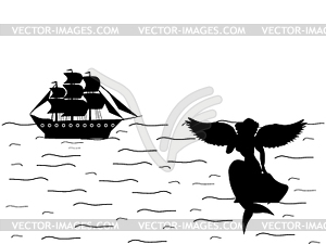 Сирена русалка наяд корабль силуэт древний - черно-белый векторный клипарт