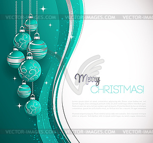 Merry Christmas card with blue bauble - vector image