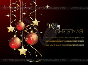 Merry Christmas card with red bauble - vector image