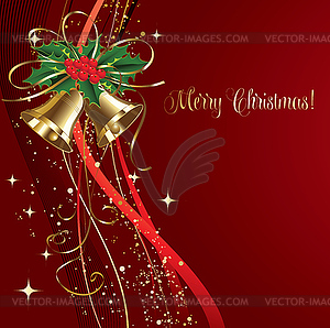 Merry Christmas card with gold bells - vector clip art