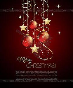 Merry Christmas gold greeting card with bauble - color vector clipart