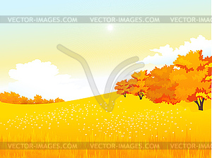 Autumn rural landscape with meadow and forest - vector clipart