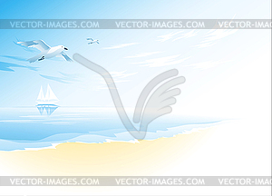 Seascape with sea, cloud and flying seagull - vector clipart