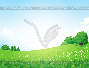 Green Landscape with trees clouds flowers - vector image