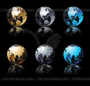 Set of silver, gold and blue globe in black - vector image