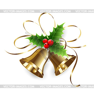 Christmas Holly Berry and gold bells - stock vector clipart