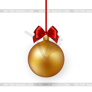 Gold Christmas ball with red ribbon and bow.  - stock vector clipart