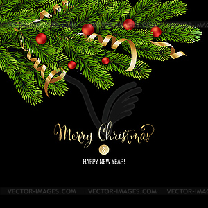 Christmas green Pine Branches and red baubles - vector image