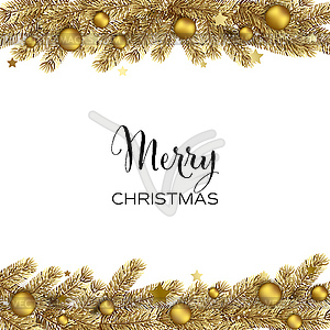 Christmas gold Pine Branches and holiday baubles - vector image