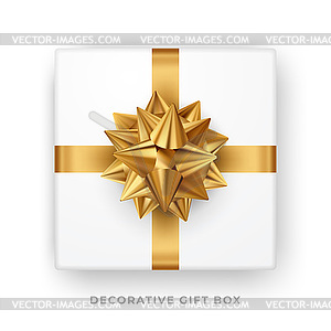 Decorative white gift box with golden bow and ribbo - vector image