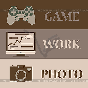 Three strips of icons on subject of games, photos, - vector clipart