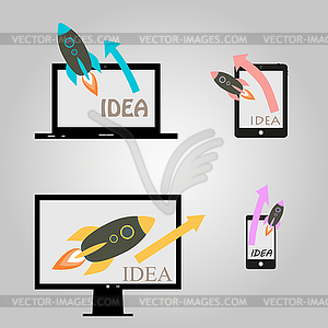 Set of ideas up arrow on gadget with rocket. . isola - stock vector clipart