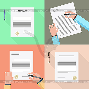 Set contract is signed. hands holding paper - vector image