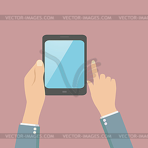 Tablet PC in human hands. Flat style - vector clipart