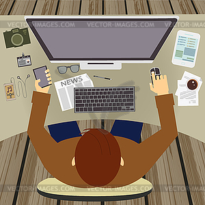 Top view of workstation in office. Worker for - vector clipart