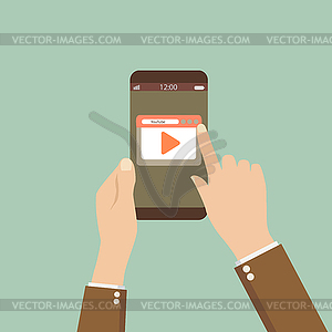 Phone signed to play in hands of man on beautiful - vector clip art