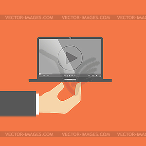 Laptop computer watch movie player. laptop on - vector clipart