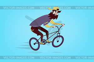 Stylish comic hipster on bmx bike with beard on blu - vector image