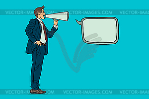 Businessman talking in loudspeaker. speach bubble - vector clip art