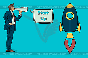 Businessman in loudspeaker tells startup. rocket - vector image