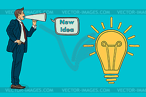 Businessman talking in loudspeaker new idea - vector clipart