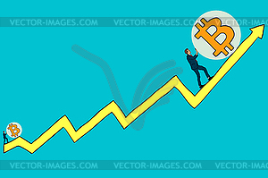 Бизнесмен подталкивает биткойны к графику роста. - клипарт в векторе / векторное изображение