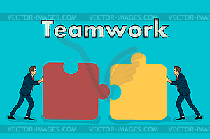 Teamwork. two businessmen connect two parts of - vector clip art