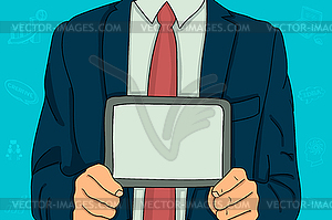 Businessman holding tablet. place for presentation - vector image