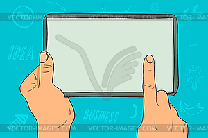 Tablet with an empty screen in hands of - vector clipart