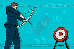 Businessman shoots bow of target - color vector clipart