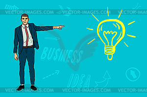 Businessman points finger at new business idea - vector image