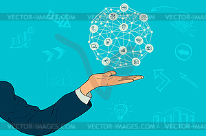Social media icons on human hand - vector clipart
