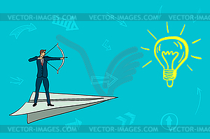 Businessman is shooting with bow on target idea. - vector clipart