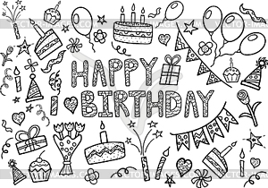 Счастливый каракули набор День рождения с элементами - векторное изображение клипарта