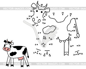 Connect dots to draw cute cow. Educational numbers - vector image