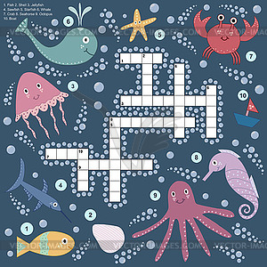 Crossword for children about sea life. educational - vector clip art