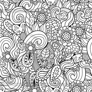 Abstract waves and flowers hand-drawn seamless - vector clip art