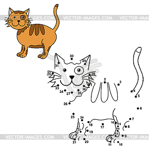 Connect dots to draw cute cat and color it. - vector clipart