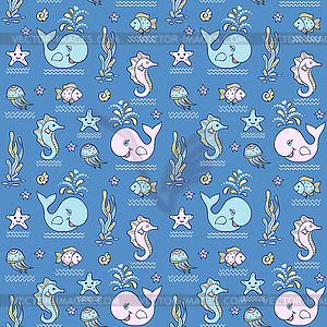 Seamless pattern with ocean animals - vector clip art